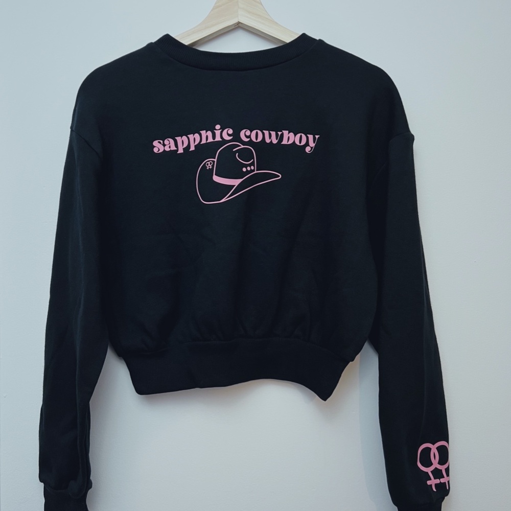 Sapphic Cowboy Soft Black Crop Sweatshirt pink logo, soft material, rustic style